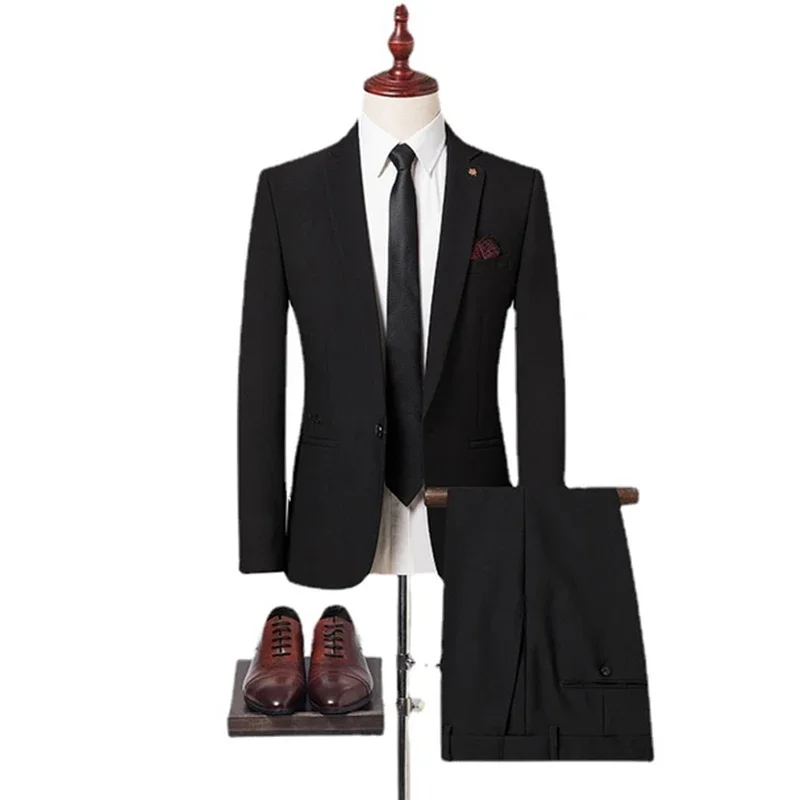 

High Quality (Blazer+ Trousers) Men's British Style Elegant Fashion Business Casual Advanced Simple Wedding Slim Suit Two Pieces