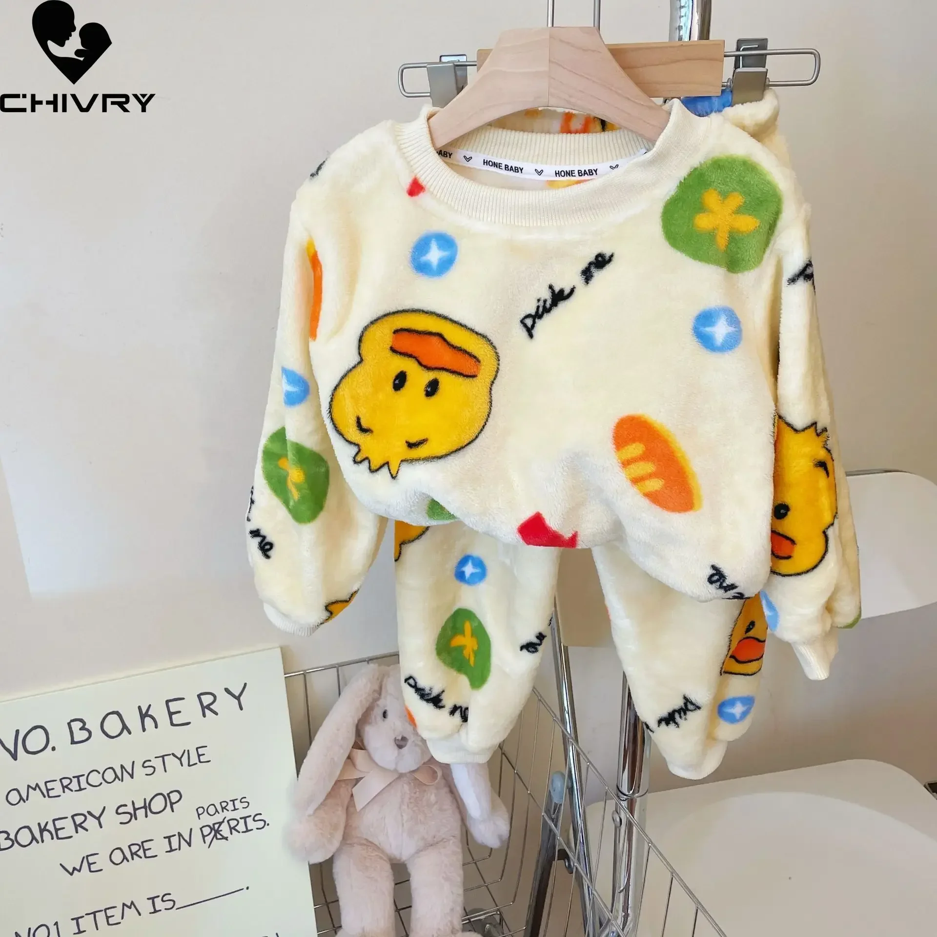 New 2023 Autumn Winter Kids Thicken Soft Flannel Pajamas Sets Baby Boys Girls Cartoon O-neck Pullover Warm Sleeping Sets Pyjamas