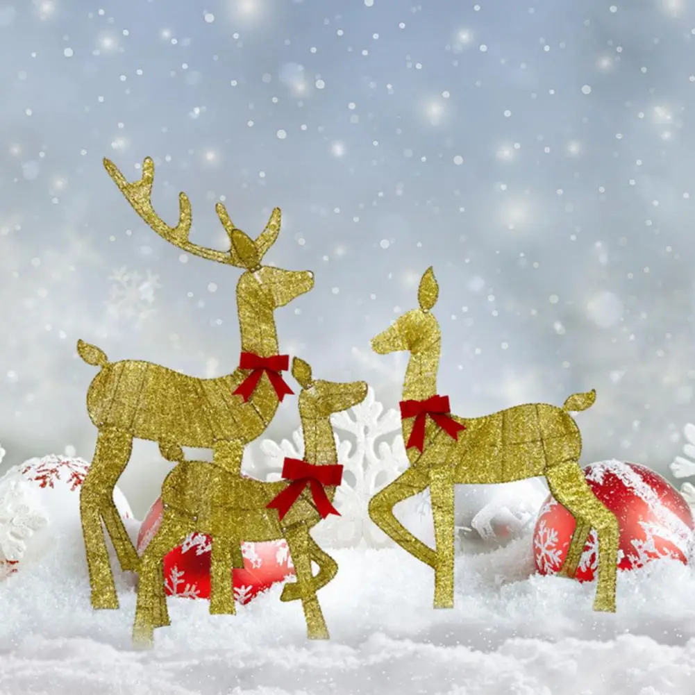 Metal Deer Decoration Christmas Deer Family Ornament with Bow Metal Standing Reindeer Decoration for Indoor Outdoor Use 3d Led