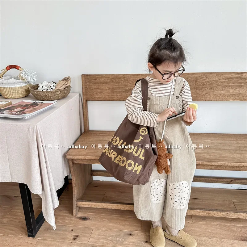 Korean Style Children Overalls Spring Autumn Khaki Royal Blue Corduroy Loose Jumpsuit Children Fashion Versatile Clothes E123513