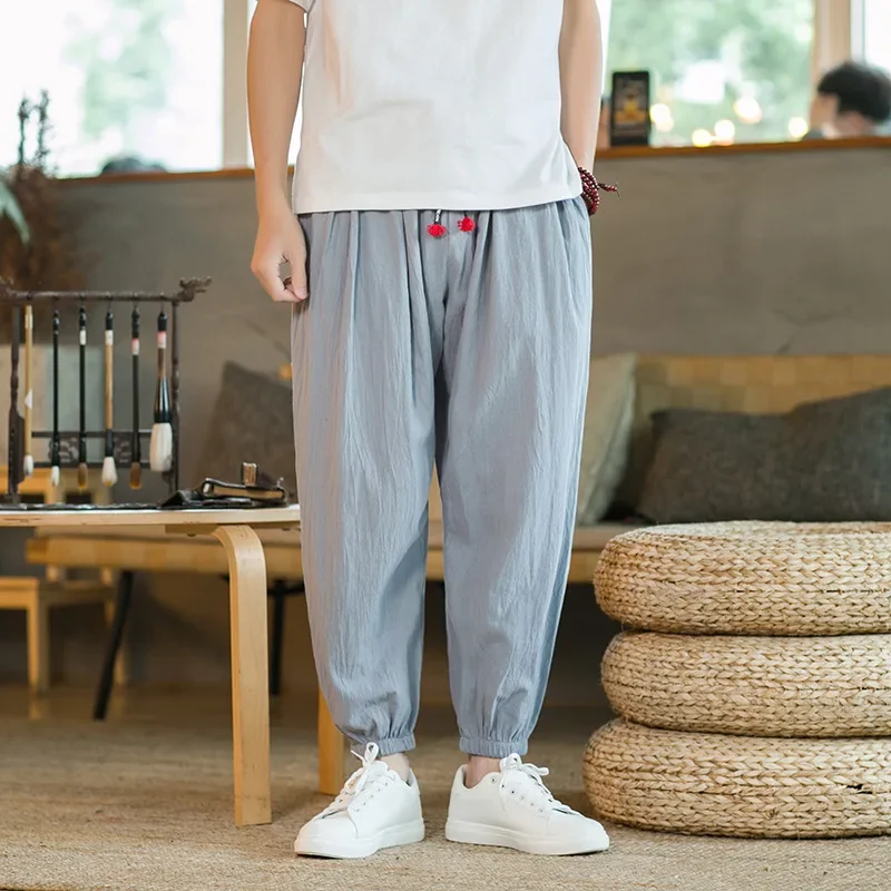 Men's Summer Cotton and Linen Wide-leg Pants, Japanese Haren Fashion Loose Large-size Street Nine-point Lantern Pants M-5XL