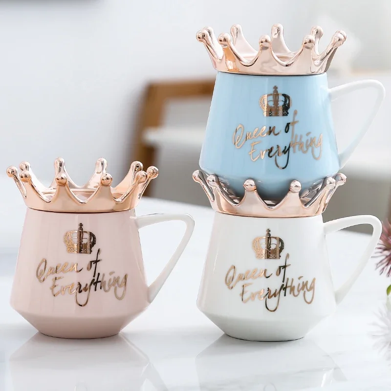 Creative Crown Mug,Multi Color mugs with spoon lid Coffee Milk Cup Cute Ceramic Mug 300ml Capacity Water Cups X-Mas Gift