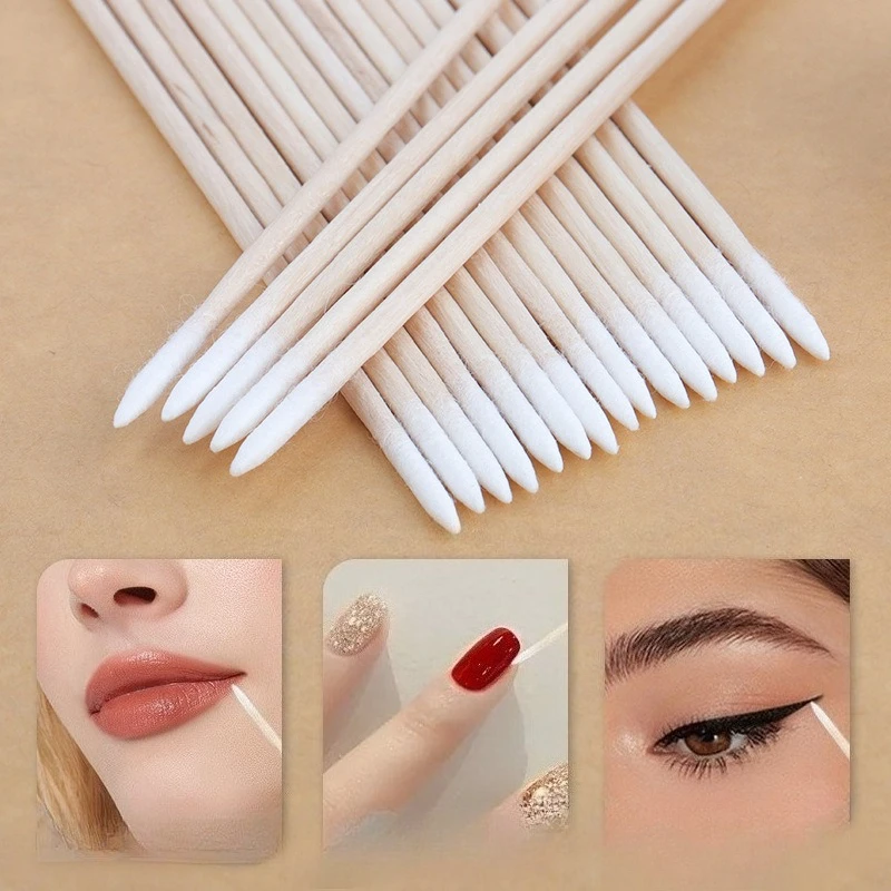 100Pcs Nail Wood Swab Clean Stick Bud Tip Wooden Cotton Head Manicure Detail Corrector Nail Polish Removing Tool Art Accessories
