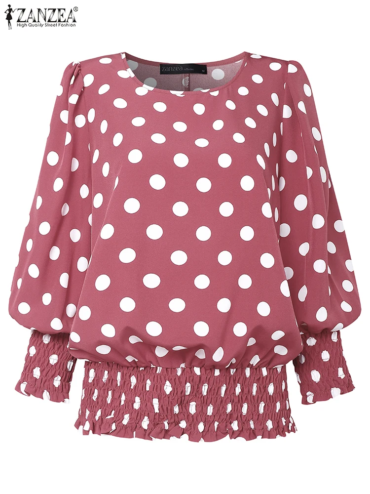 

ZANZEA Fashion Smocking Tunic Tops O-Neck Streetwear Shirred-Cuffs 3/4 Sleeve Polka Dot Blouses Woman 2025 Summer Blusas Mujer