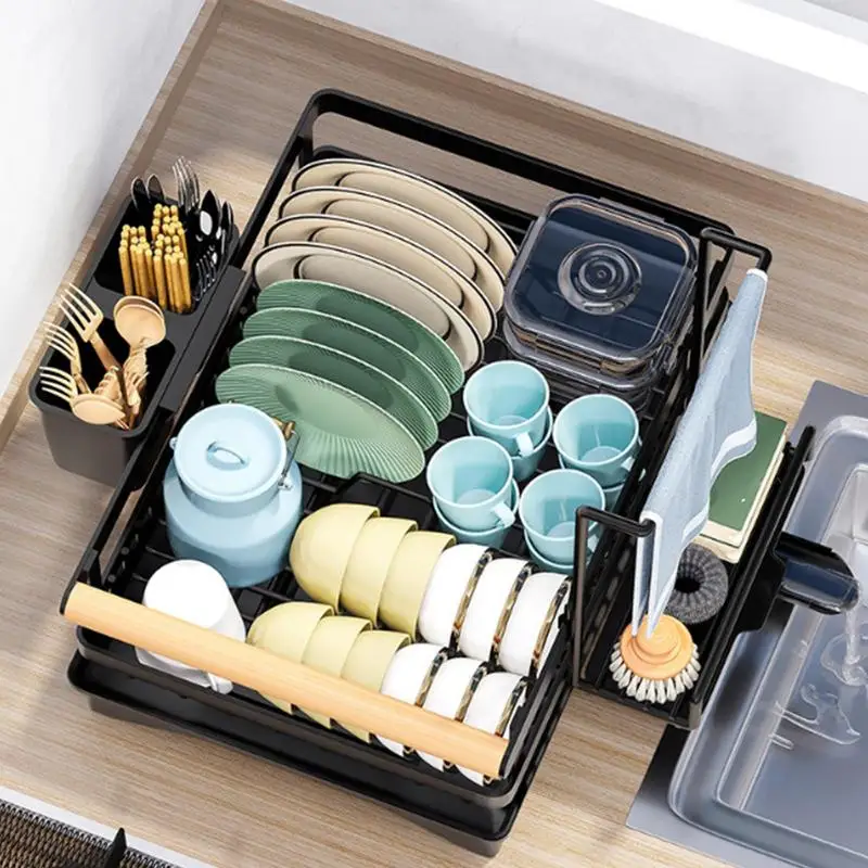 Carbon Steel Dish Drying Rack Adjustable Kitchen Plates Organizer With Drainboard Over Sink Countertop Cutlery Storage Holder