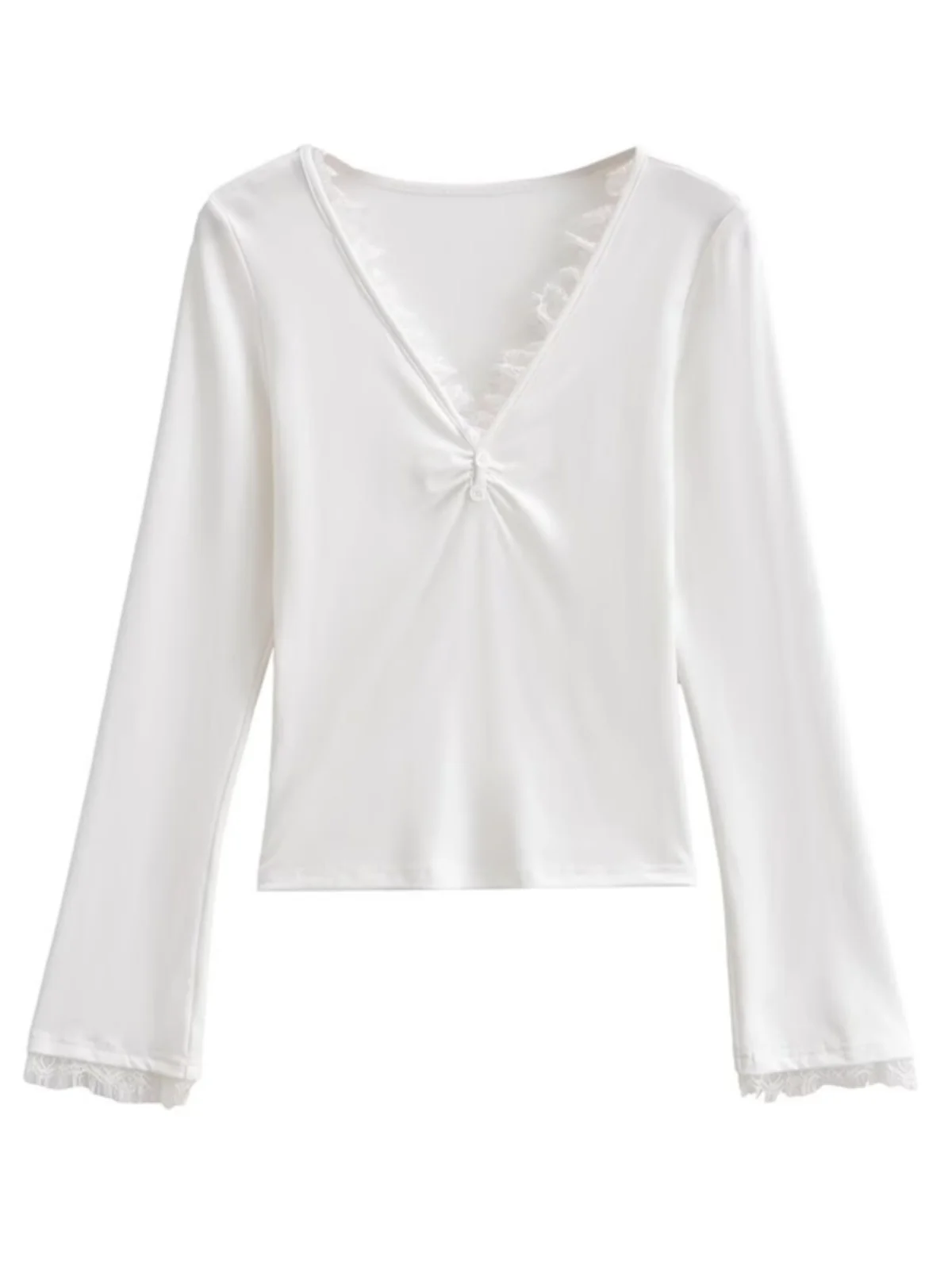 Cseta Fena de Manga Longa com Decote em V e Detalhes em Renda, Estilo Slim Fit para Outono e Inverno, Moda de Rua Pure...