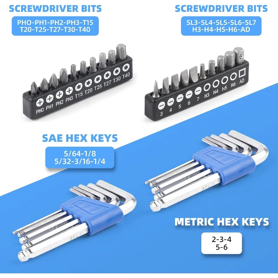 Kit de herramientas premium de 174 piezas para tareas de reparación y mantenimiento del hogar, incluye bolsa de almacenamiento abierta de boca grande de 14 pulgadas con órgano