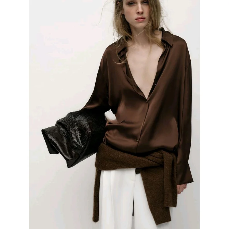 Zijde Satijn Lange Sve Turn-down Kraag Enkele Knoop Dames irt Lente Nieuwe Collectie Loose Fit Pendelen Sle Dun Polyester...