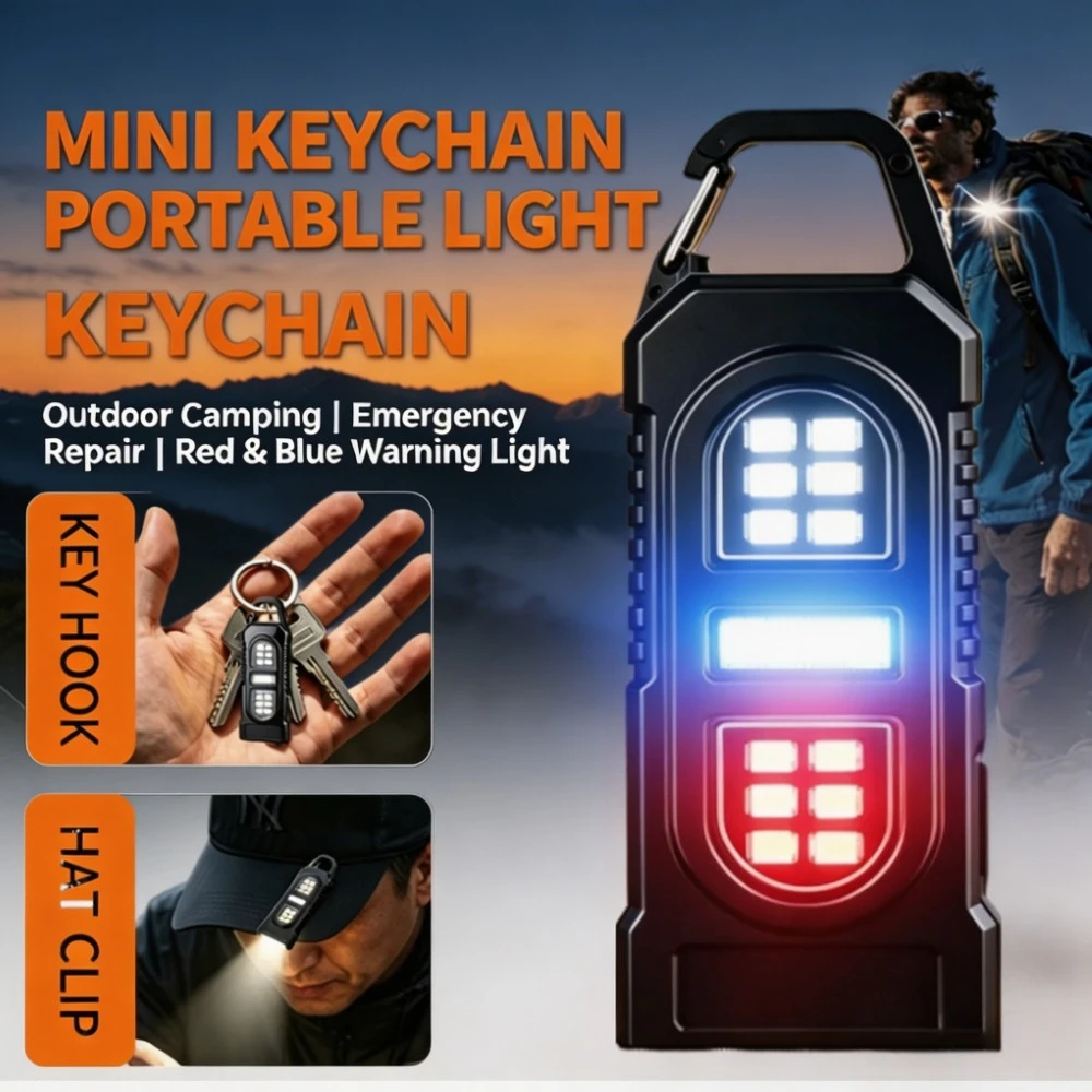 Powerful LED COB Keychain Flashlight USB-C Rechargeable Torch with Red Blue Warning Light Portable Mini Outdoor Working Lantern