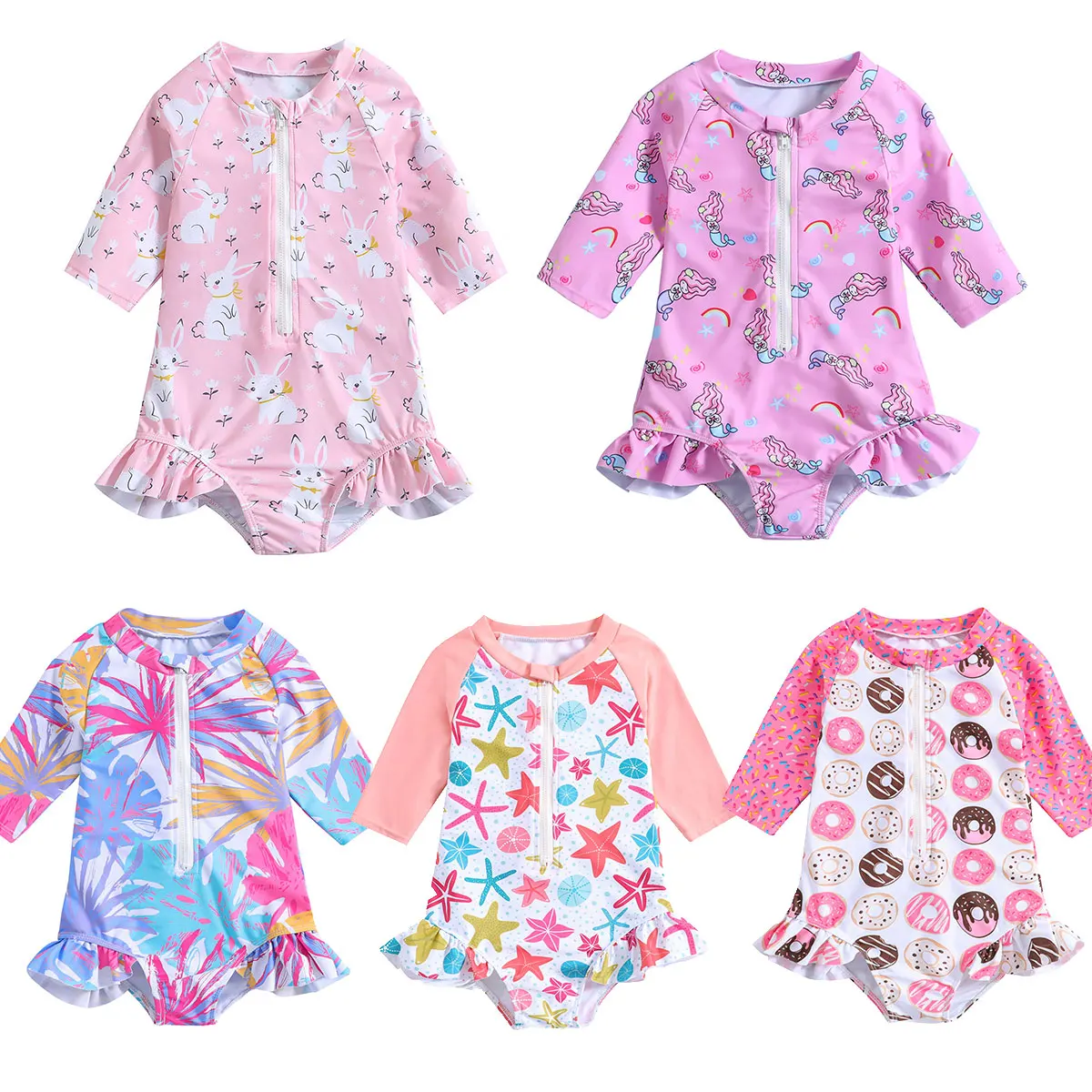 

1-6Y Kids Toddler Baby Girls One Piece Rash Guard Swimsuit Half Sleeve Sun Protection Ruffle Zipper Cute Print Summer Swimwear