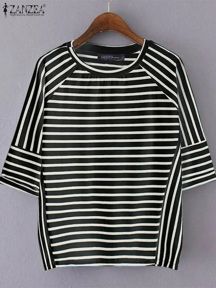 ZANZEA Bohemian Stripe Print T-shirts Casual Women O-neck Tops Fashion Office Lady 3/4 Sleeve Tees 2024 Summer Holiday Loose Top