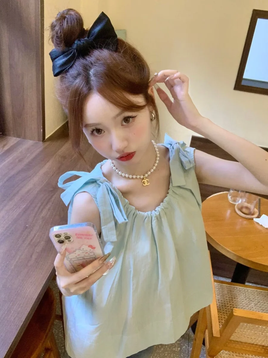 

Trendy Tie-Detail Summer New Sle Women's Svel Vest Top Cotton Loose Fit Pure Color Faion Sweet-and-Spicy Design