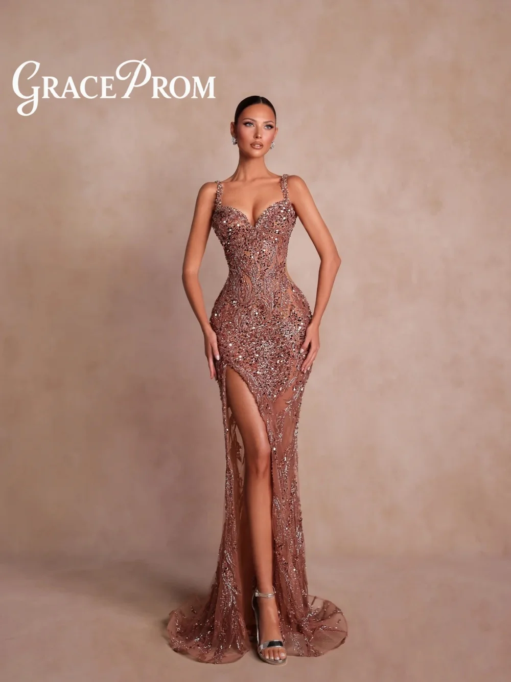 

Sexy High Slit Mermaid Evening Dress 2026 GraceProm Rose Gold Spaghetti Strap Sweetheart Gown Beaded Sheer Tulle فساتين سهرة