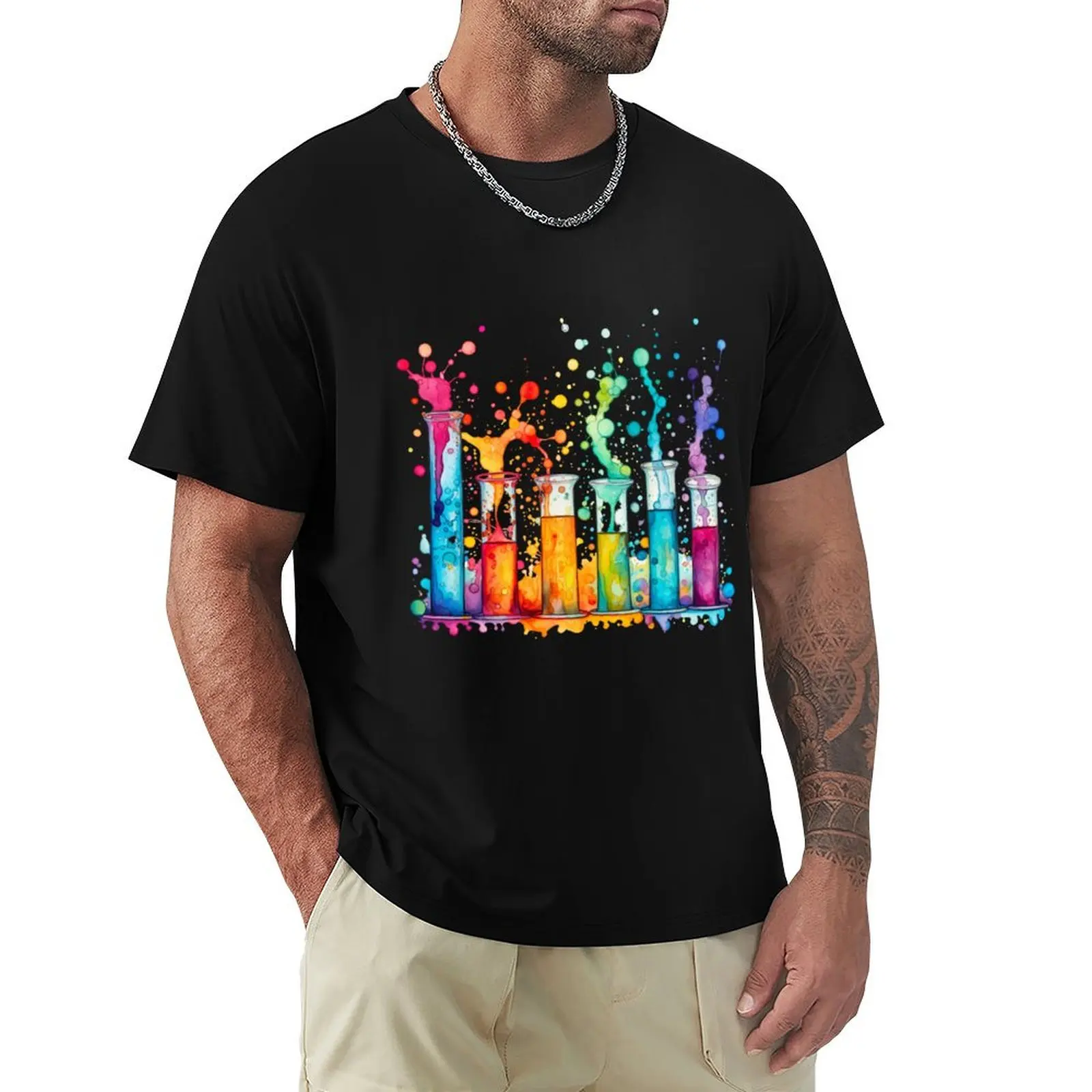 Watercolor Science-Chemistry Test Tubes T-Shirt Heavy Duty Casual Work Tee