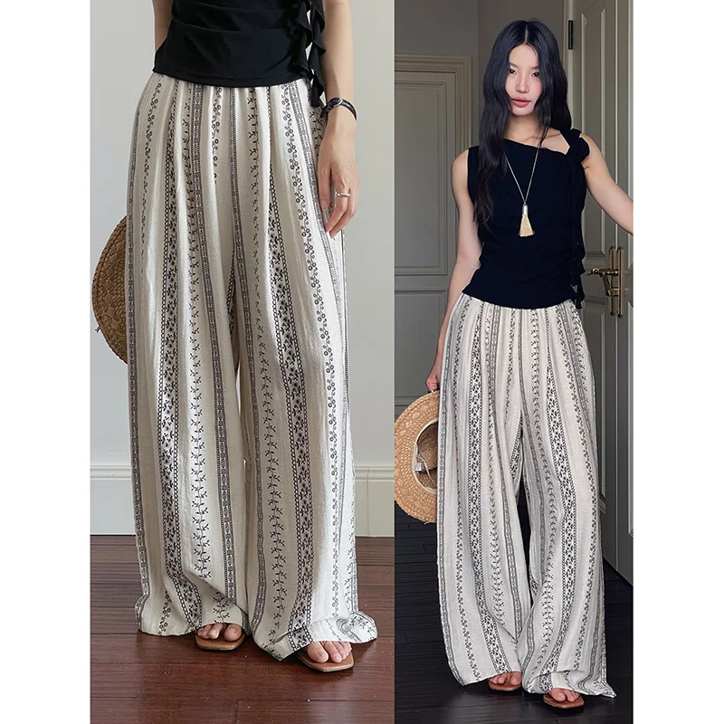 

Vintage Print Wide-leg Pants Summer 2025 New Slouchy Style Linen Slacks