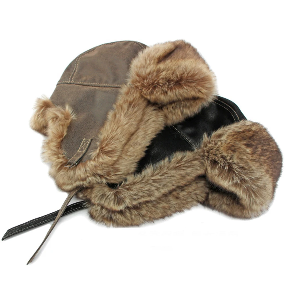 HT4241 Bomber Hat New Thick Warm Men Women Russian Fur Hat Male Windproof PU Leather Ski Trapper Earflap Cap Winter Hat Ushanka