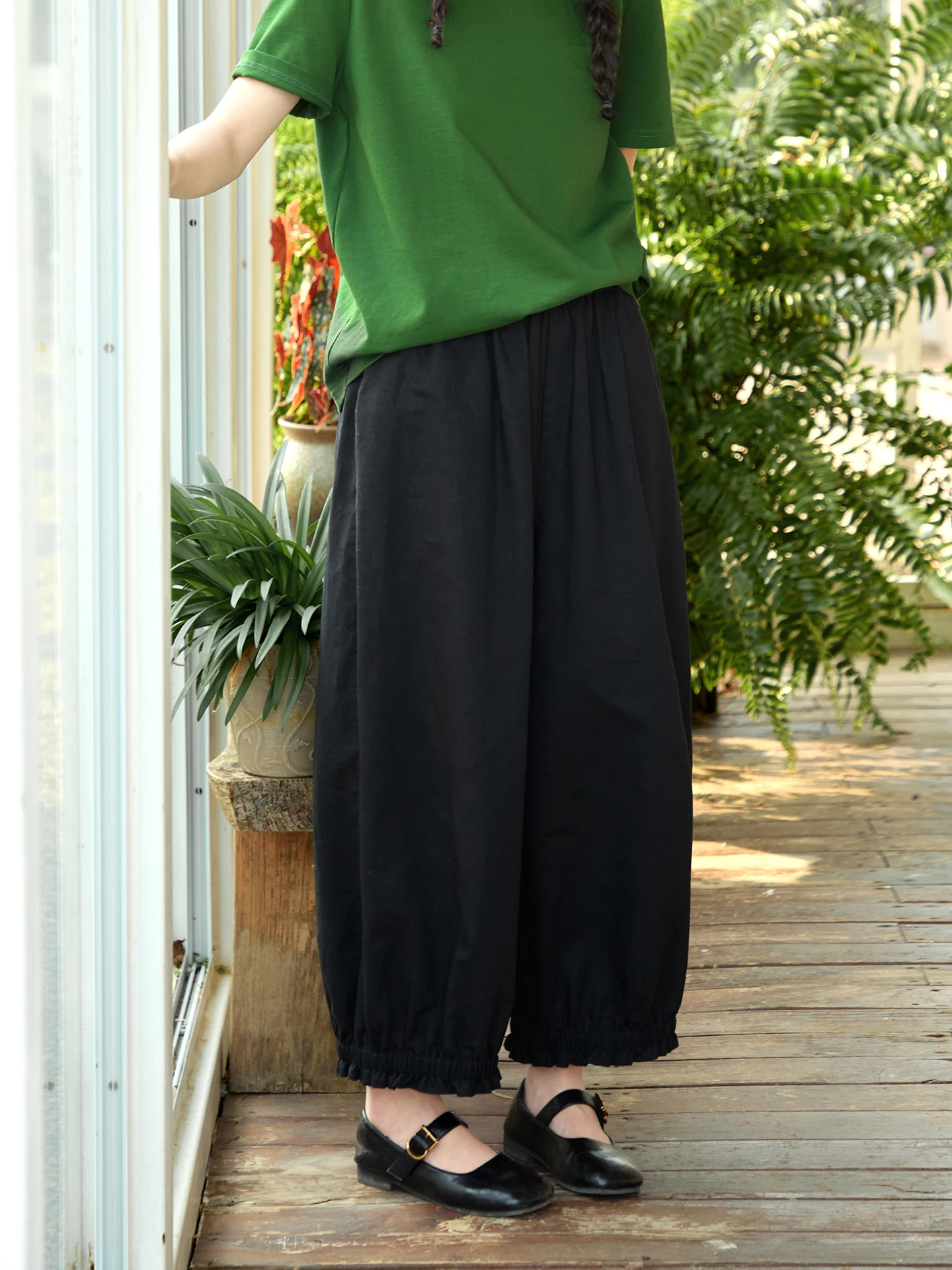 Original Black Linen Wide Leg Pants Women's Summer Small Size Elastic Waist Nine Points Casual Loose Lantern Pants