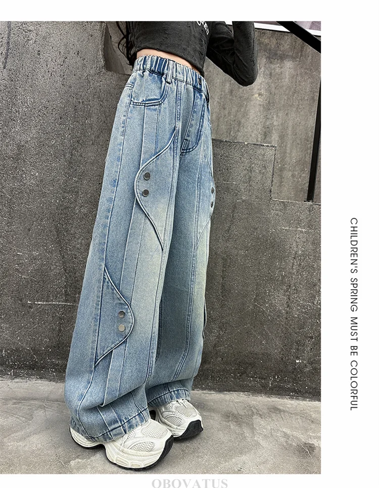 Neues Design Mädchen Straight Jeans Stylische Kinder Mode Street Denim Hosen Teenager Kinder Lose Slim Fit Loose Leaf Jeans Hosen – Detail 2