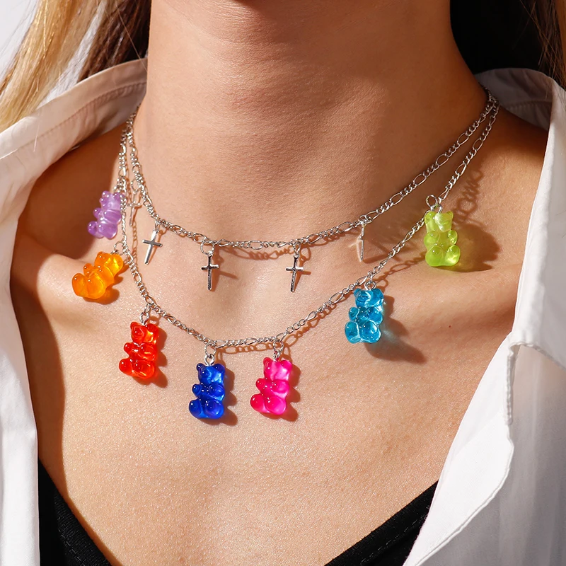 Aihua Candy Farbe Kreuz Gummy Mini Bär Kette Halsketten für Frauen Niedlichen Cartoon Tier Bär Anhänger Schmuck Femme Bijoux Kragen – Detail 2