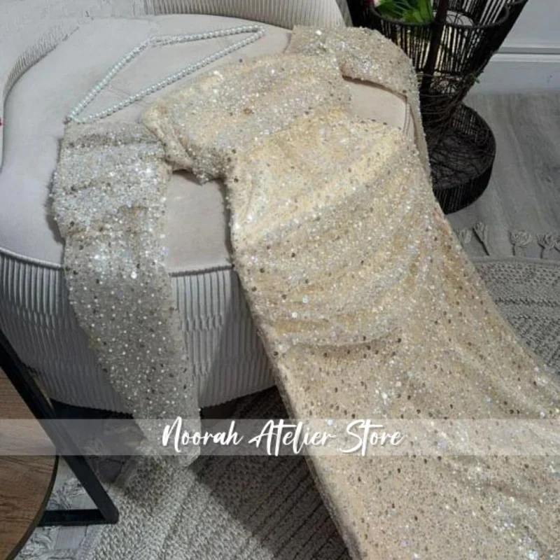 Vestido de fiesta de color marfil con purpurina, vestidos de noche con lentejuelas y hombros descubiertos, trompeta, vestidos de fiesta de manga larga para mujer personalizados