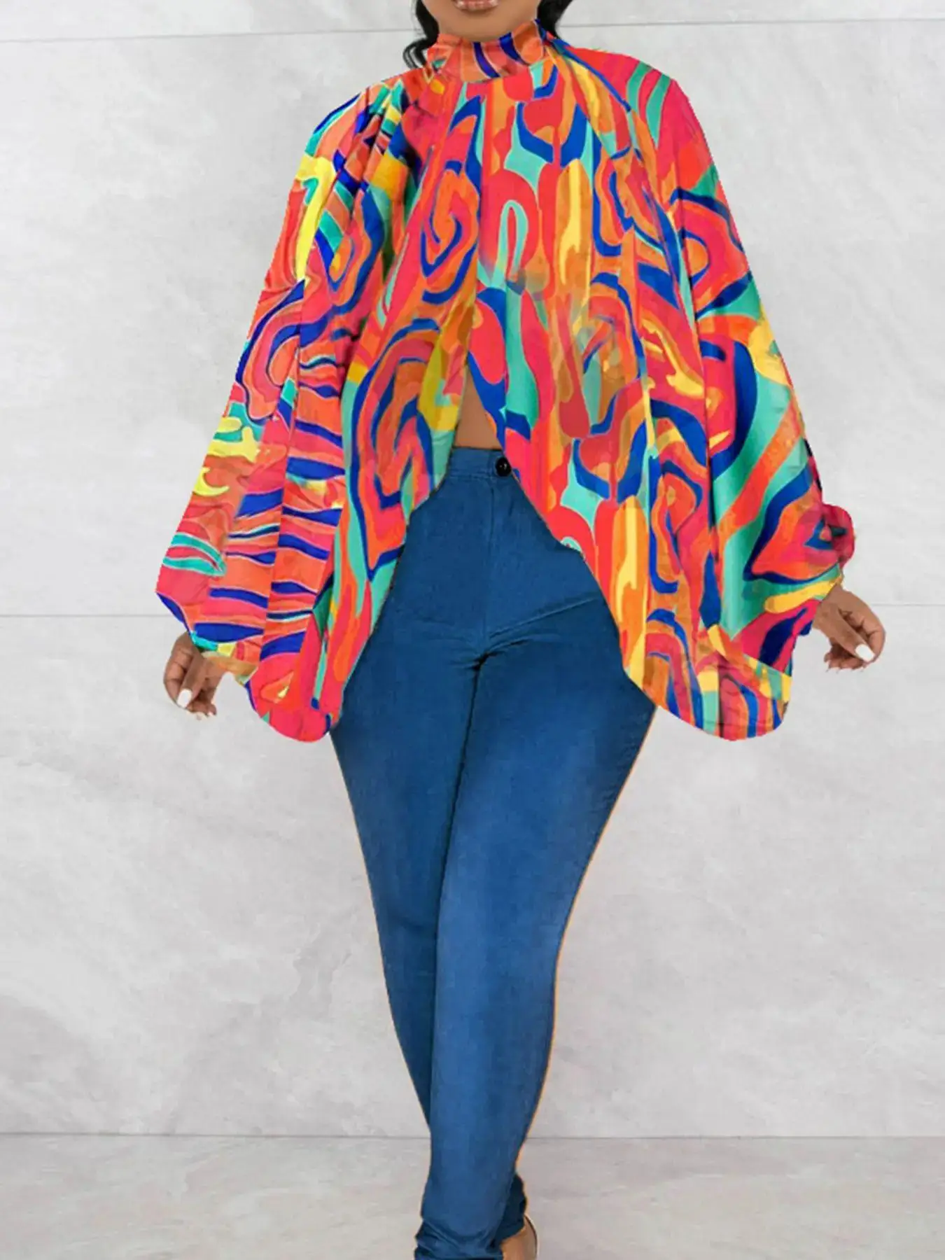 

Women's Plus Size All Over Print Backless Split Hem Blouse, Casual Bishop Sleeve Mock Neck Top for Daily Wear, Women's Clothing