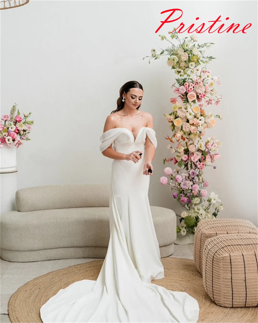 Abiti da sposa eleganti personalizzati in jersey bianco Temperamento senza spalline con spalle scoperte Abito da sposa a maniche corte Abito a sirena