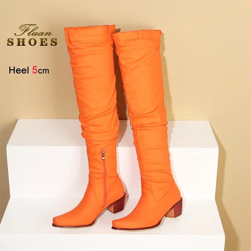 

Orange Boots For Woman 2025 Autumn Slip On 5CM Chunky Heels Pointy Toe Pleated Over-the-Knee Boots Long Pipe Booties Women Shoes