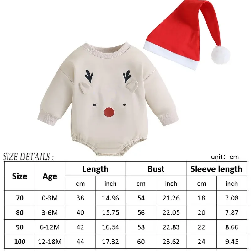 Christmas Newborn Baby Girl Boy Bodysuit Autumn Clothes Outfit Long Sleeve Elk Print Jumpsuit with Hat 2-piece Outfit Baby Items