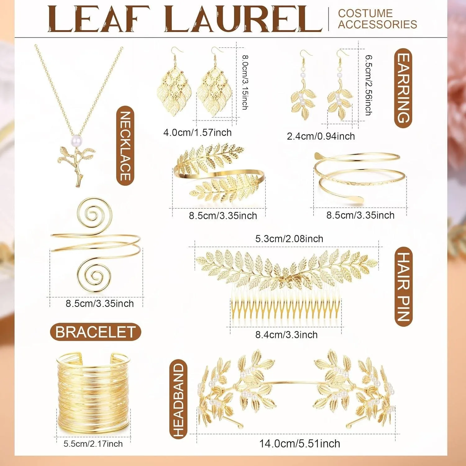 9 Pcs Greek Goddess Costume Accessories Set for Women Golden Laurel Leaf Crown Headband Upper Arm Coil Bracelet Pearl Leaf Dangle Earring Artificial Pearl Earrings Necklace Bridal Wedding