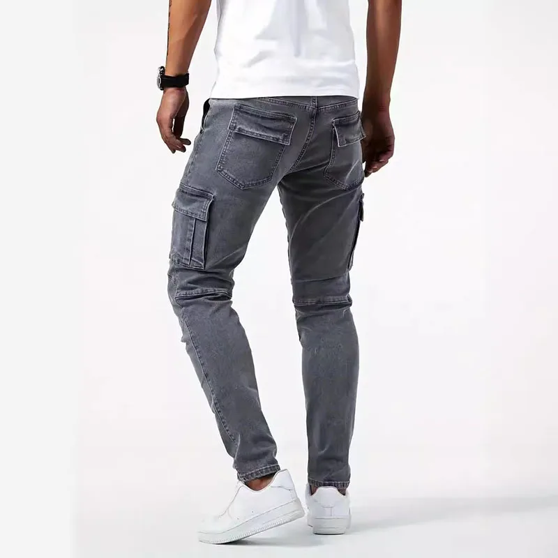 Men Solid Color Mid Waist Cargo Jeans Male Fashion Multi Pockets Narrow Leg Denim Trousers Daily Wear Plus Size Casual Pants