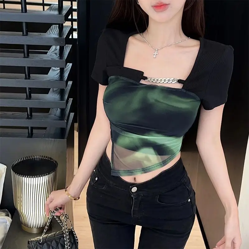 Irregular T-shirts Women Gradient Slim Summer Chic Hotsweet Chain Designed Streetwear Crop Tops Sexy Clubwear New Square Collar