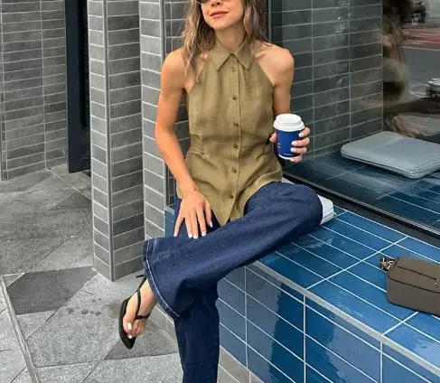 

Summer Commuting Hot Girl Sleeveless Hanging Neck Strap Fashionable Solid Color Simple Slim Fit Backless Hanging Neck Top