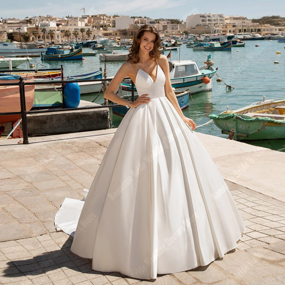 

Fascinating V-Neck A-Line Women Wedding Dresses Quality Simple Satin Bridal Gowns Mopping Length Princess Prom Gowns Customized