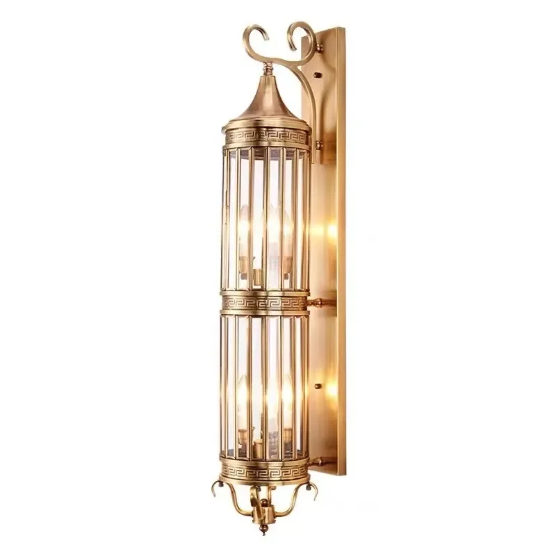 LED outdoor cylindrical/square full copper garden wall lamp IP65 waterproof, European retro style, rainproof, suitable for