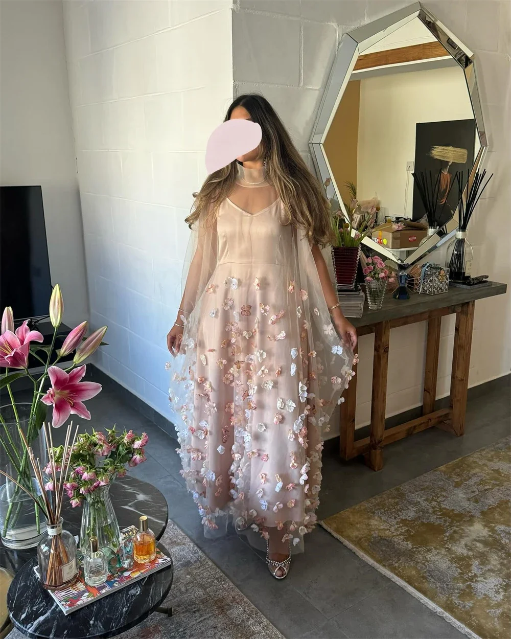 Robe de Rhformelle personnalisée, licou d'Arabie saoudite, sangle spaghetti, jupes de longueur au sol A-ligne, appliques de fleurs en tulle, sur mesure, occasions