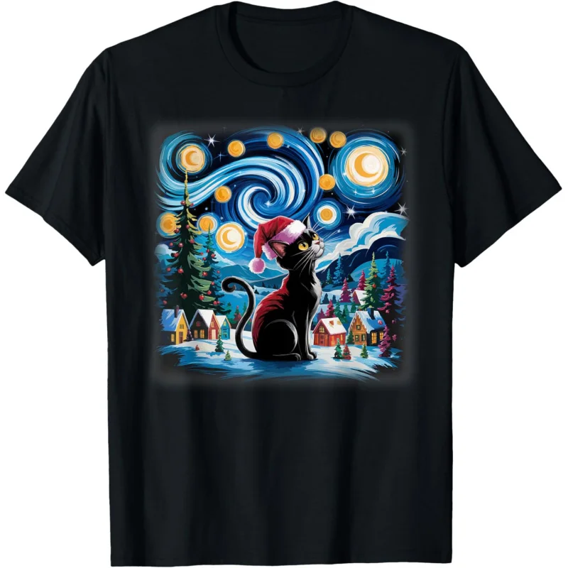 Christmas Van Gogh Starry Night Santa Black Cat Holiday T-Shirt