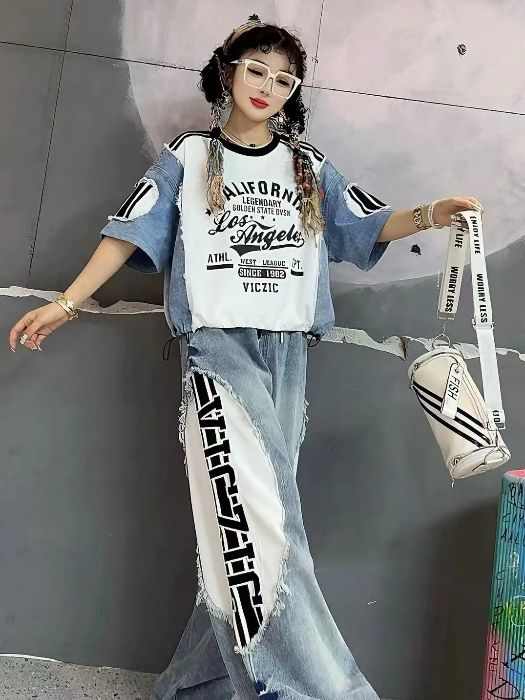 Casual Summer Women's Outfit T-Shirt And Jeans Set Letter Print Splicing Loose Long Pants Drawstring Cotton Denim Ensemble view 2