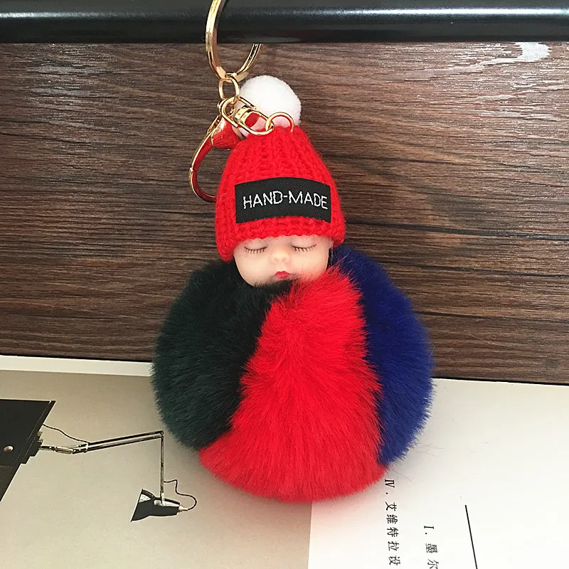 infant keychain Pompom sleeping baby keychain cute fluffy Plush doll Keychains Women Girl Bag keyrings Cars Key ring Jewelry