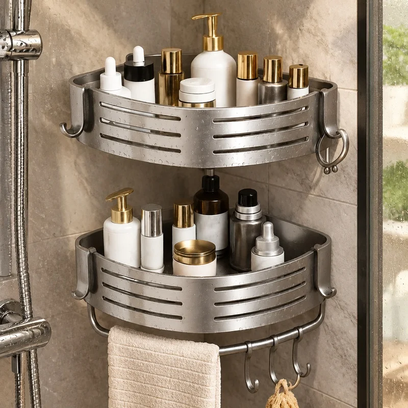 Drill-Free Aluminum Corner Shelf for Bathroom with Towel Bar and Plastic Hooks, 1 to 3 Units