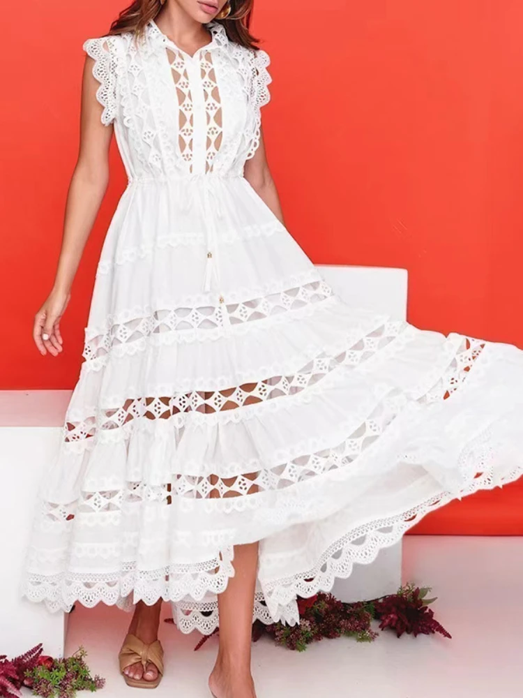 

2023 Summer New In Hollow Lace Vocation Long Dress Fairy Style Sleeveless Solid Color Casual Dress Ankle-Length Holiday