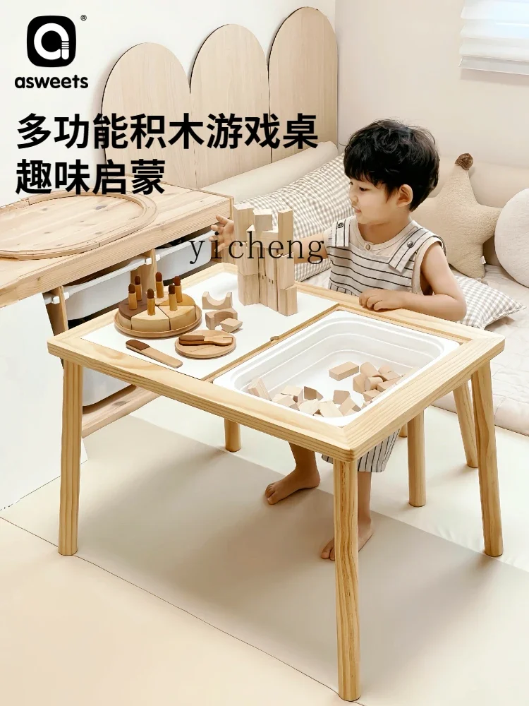 Tqh massief houten multifunctionele bouwsteentafel voor kinderen, schilderbureau, baby speelt water, zand, zintuiglijk spel, pindatafel