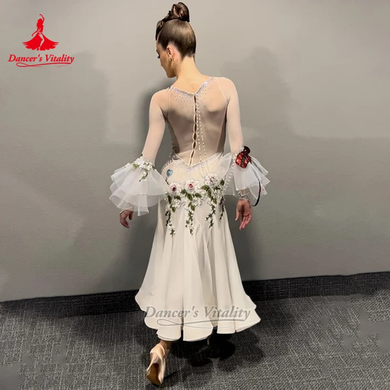 Social Dance Long Sleeves Dresses for Women Customized Adult&Teenagers Waltz Tango Foxtrot Wrapped Hip Attire Dancer's Vitality