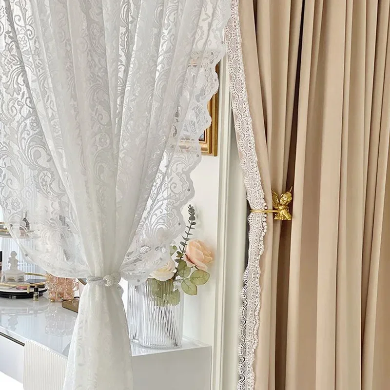 French Princess Wind Curtain Living Room Dining Room Bedroom Beautiful Window Screen Wool Fleece Pearl Lace Light Luxury Custom