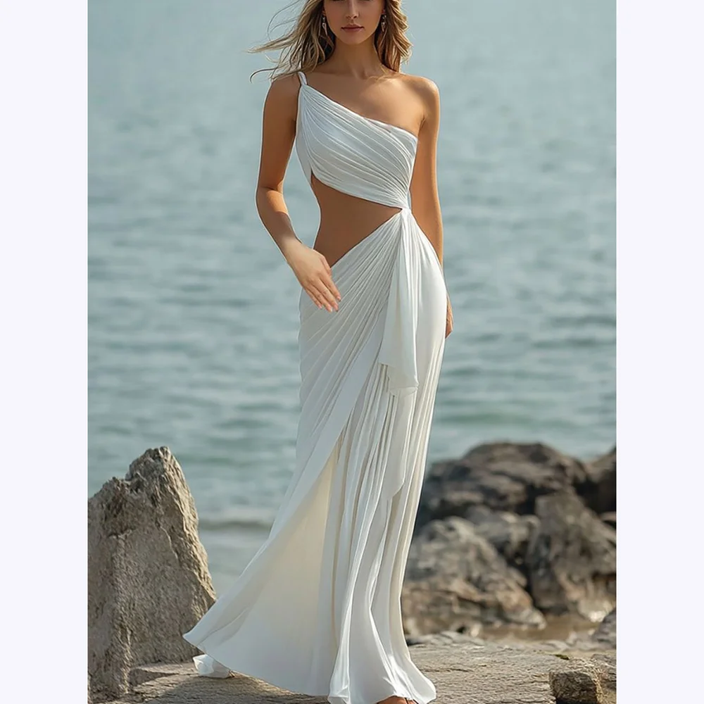 

Fashion White Evening Dresses Draped One Shoulder Simple Dress Beach A Line Floor Length High Quality Formal Dinner Wedding Gown