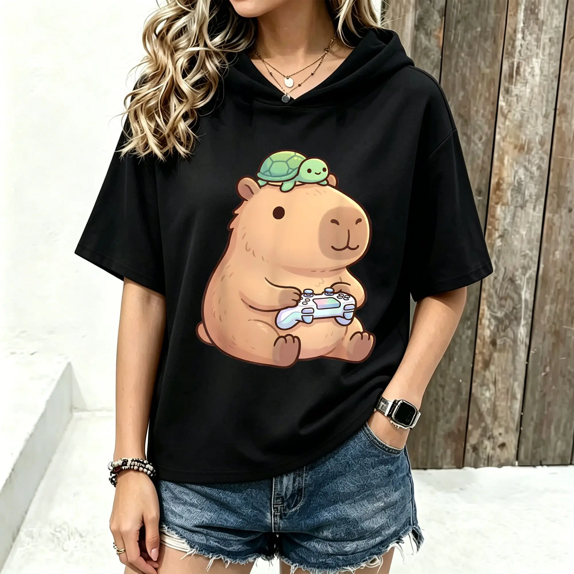 Women Short Sleeve Hooded T‑Shirt Cute Gaming Capybara With Turtle On Head Cartoon Graphic Print Spring Summer Loose Hoodie Tee Streetwear Casual Short Sleeve Hood Tops