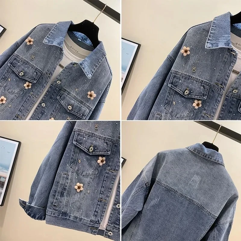 Spring And Autumn Denim  Women's Wool Flower 2023 New Tetro Fashion Soup Drilling Denim  Basic Blouse Female Tide