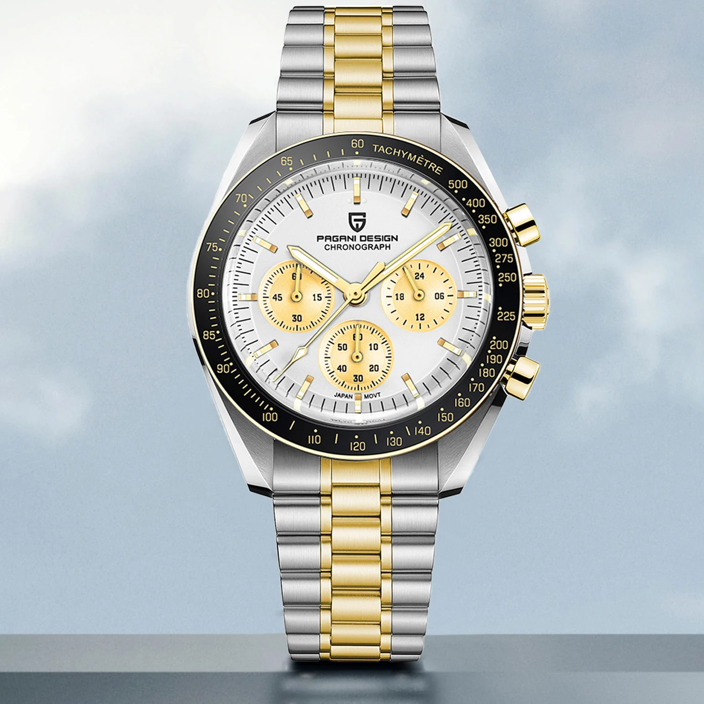 

Мужские кварцевые часы PAGANI DESIGN Silver Gold Luxury 2026 New Moon с автодатой, хронографом и сапфировым стеклом AR