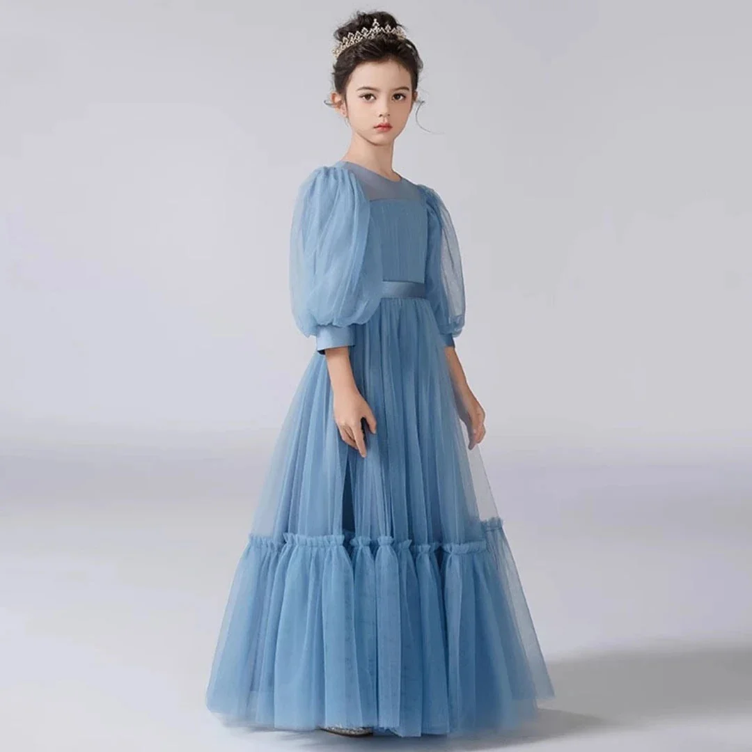 فستان فتاة الزهور لحفلات الزفاف من التول المتدرج وحزام على شكل فيونكة بطول الأرض فستان الأميرة لحفلات أعياد الميلاد وحفلات التواصل الأول مخصصة