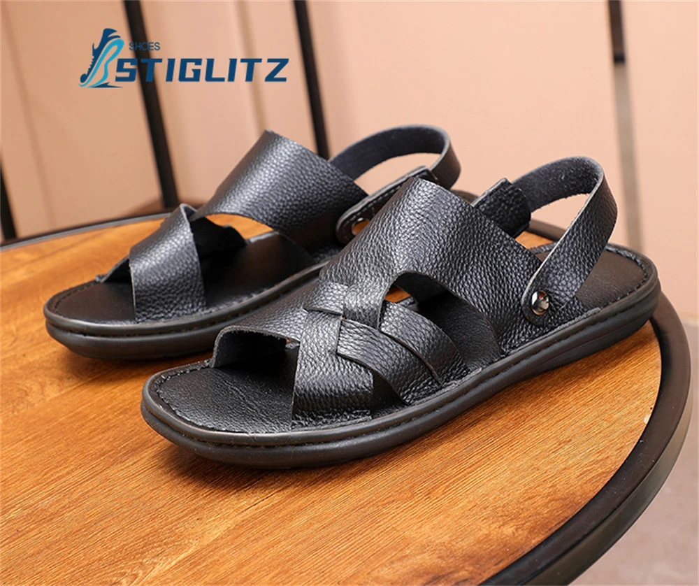 Sandalias planas de piel auténtica para hombre, zapatillas informales con punta abierta hueca, suela suave Oxford, Color sólido, para vacaciones y playa