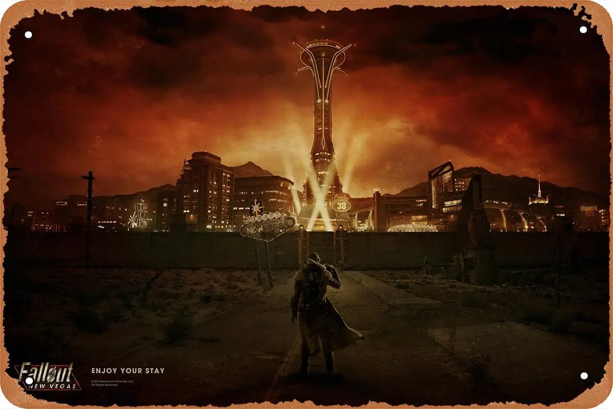 Retro estanho sinal vintage olhar metal sinal fallout new vegas jogo cartaz para bar homem caverna garagem casa arte da parede decoração 12x8 polegada